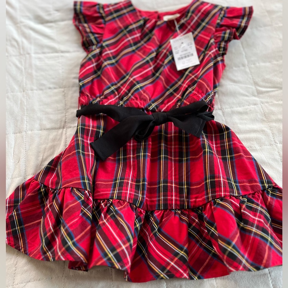 Crewcuts NEW Tartan plaid Red Christmas Holiday Dress Size 2 Black Ribbon Belt - Picture 5 of 14